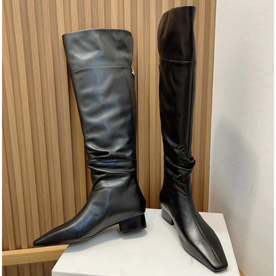 R0W 2023 Winter New Vintage Pleated Women's Knee Length Boots Genuine Leather Zipper Boots High Quality Fashion Women's Boot
