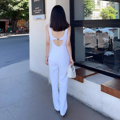 Spring Summer Autumn Fashion Women's High QualitY Elegant White Tweed Backless Tank-top Jumpsuit F068