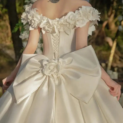 off-Shoulder Satin Main New Wedding Dress White Bridal Mori Fairy Temperamental Large Trailing