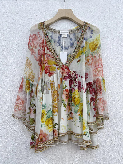 EVACANDIS 100% Real Silk Women V-Neck Floral Printing Long Flare Sleeve Tops High Quality Bohemian Elegant Chic Beach Style