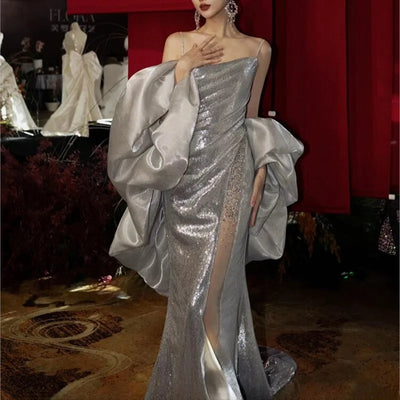 Silver sequin toast dress with halter and slit fishtail banquet host train
