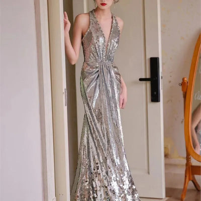 Silver sequin fishtail neck toasting gown style banquet dress