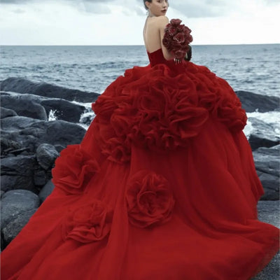 New sweet red satin strapless floral train dress for location photography