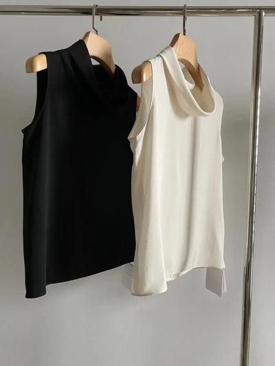 2022 Summer Minimalist Reversible Acetate Pile Collar Fashion Top Cool Fabric Sleeveless Blouse Women