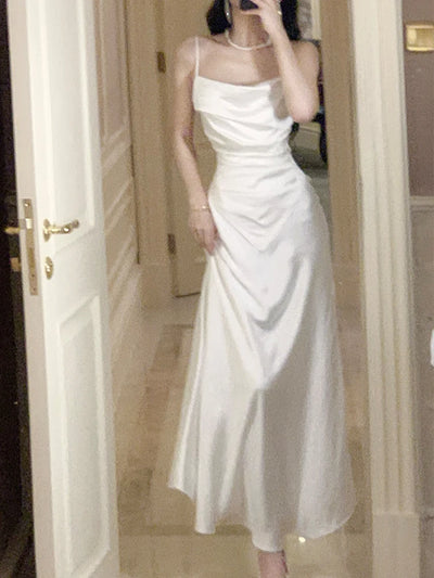 High Quality Fake Two-Piece French Satin Dress Elegant Slimming White Dress