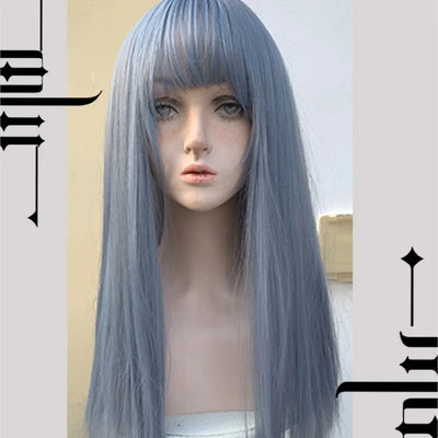 Dark Gothic Style Punk Lolita Blue Bangs Matte Daily Straight Hair Wig for Women Realistic Wigs