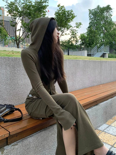 Vintage Wasteland Style Hooded Knitted Coat Female Short Spring and Summer Hot Girl Slim Fit Slimming Long Sleeves Cardigan Top