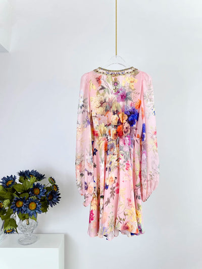 EVACANDIS 100% Real Silk Women New Floral Printing Tunic Lantern Sleeve Autumn Winter Runway Designer Lace-up V-Neck Mini Dress