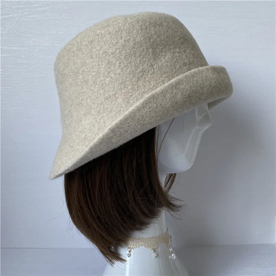 Autumn and Winter Australian Pure Woolen Japanese Black Brown Beige Short-brimmed Female Fisherman Hat Basin Hat