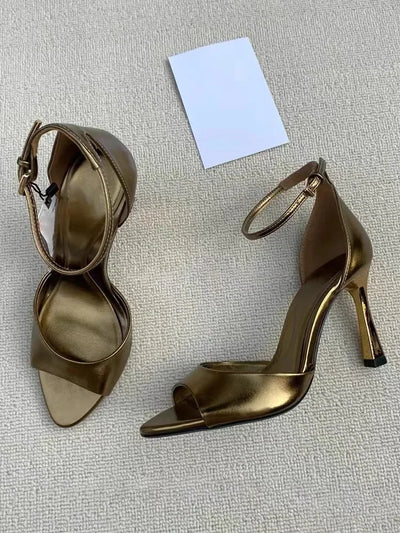 Open Toe Bronzer Gold Sandals Stiletto Heels Classic Shine Leather Cover Heel Ankle Straps Fashion Women Shallow Summer Shoes