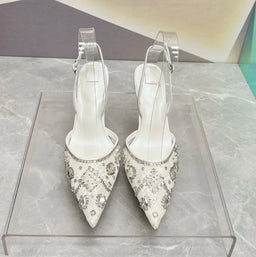 2024 New Lace Rhinestone 8.5cm Slim Heel High Heels, Women's Pointed Shallow Mesh Sequin Wrapped Sandals