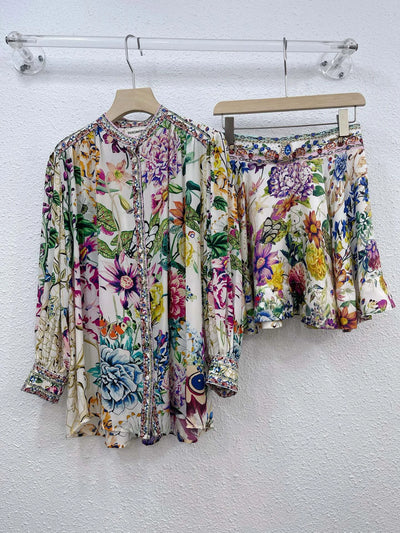 EVACANDIS 100% Real Silk High Quality Women New Floral Printing Diamond Long Short Tops and Mini Skirts Sets Bohemian Vintage