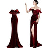 off-Shoulder Fishtail Toast Dress Wine Red Velvet Sequined Party Host