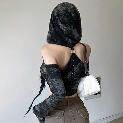 Wasteland Style Sexy off-Shoulder Hooded T-shirt Ripped Short Top for Women