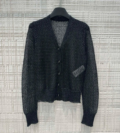 Mohair knitted cardigan 2024 new fall women hollow out single breasted v-neck black jumpers
