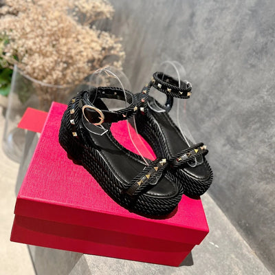 Shoes For Women Size35-41 Genuine Leather Sandals High Heels Wedges Flat Platform Rivet Pumps Designer Shoes Zapatos De Mujer