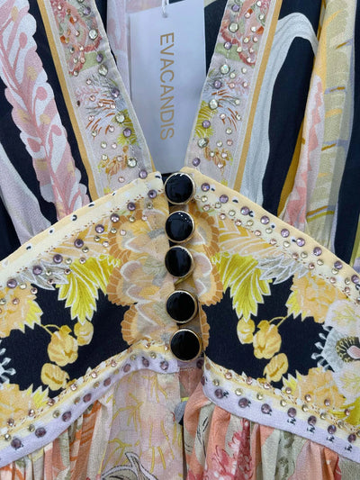 EVACANDIS 100% Real Silk High Quality Women New Long Puff Sleeve Printing V-Neck Diamond Midi Dress Bohemian Vintage Elegant