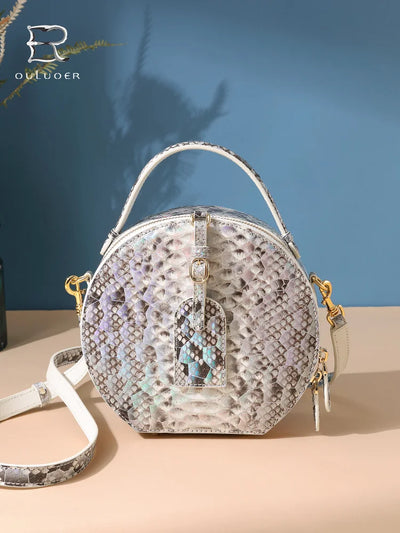 2023 New Designer Python Snake Skin Women Handbag Fashion Genuine Leather Lady Bag Leisure High Grade Small Round Bag 45