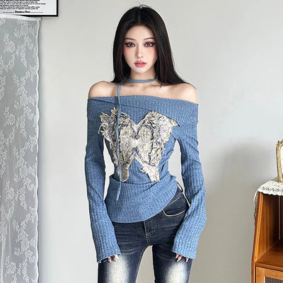 Designer American Retro off-Shoulder Sexy Top Distressed Patch Design Sweater