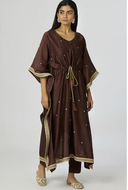 Chanderi Silk Kaftan Pant Set in Brown-0