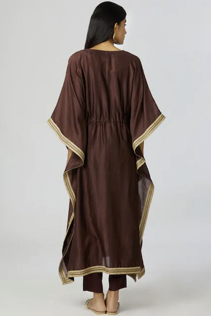 Chanderi Silk Kaftan Pant Set in Brown-1