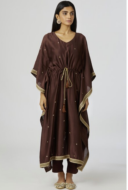 Chanderi Silk Kaftan Pant Set in Brown-3