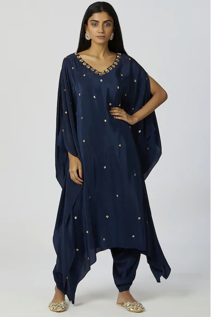 Embellished Kaftan & Dhoti Pant Set in Navy Blue-0