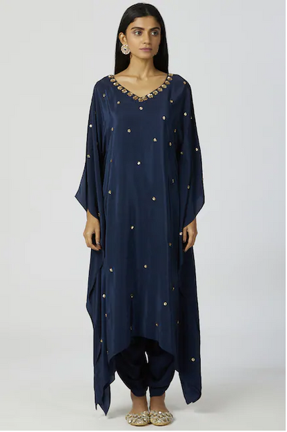 Embellished Kaftan & Dhoti Pant Set in Navy Blue-3