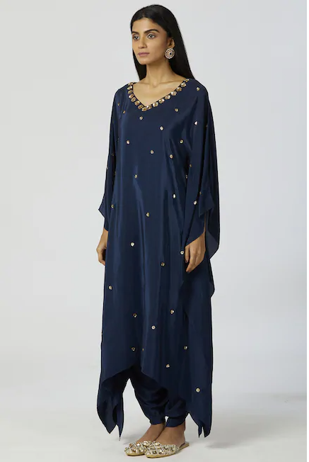 Embellished Kaftan & Dhoti Pant Set in Navy Blue-2