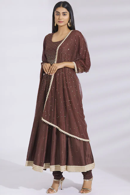 Embellished Chanderi Silk Anarkali Set in Brown-0