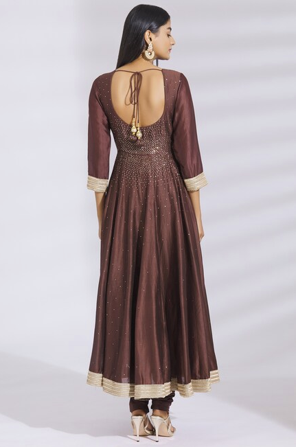 Embellished Chanderi Silk Anarkali Set in Brown-1