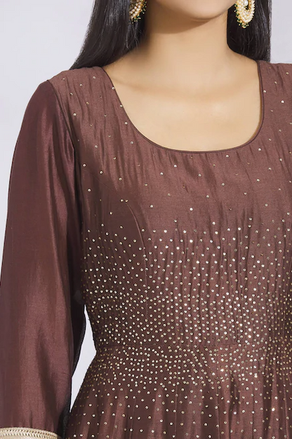 Embellished Chanderi Silk Anarkali Set in Brown-2