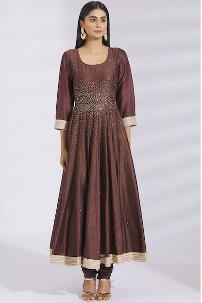 Embellished Chanderi Silk Anarkali Set in Brown-3