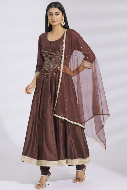 Embellished Chanderi Silk Anarkali Set in Brown-4