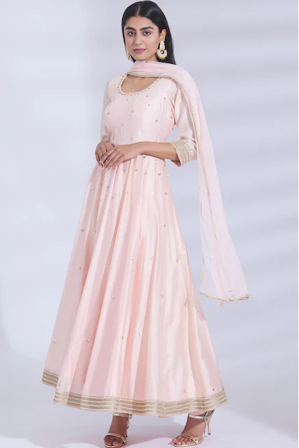 Chanderi Silk Anarkali Set in Peach-0