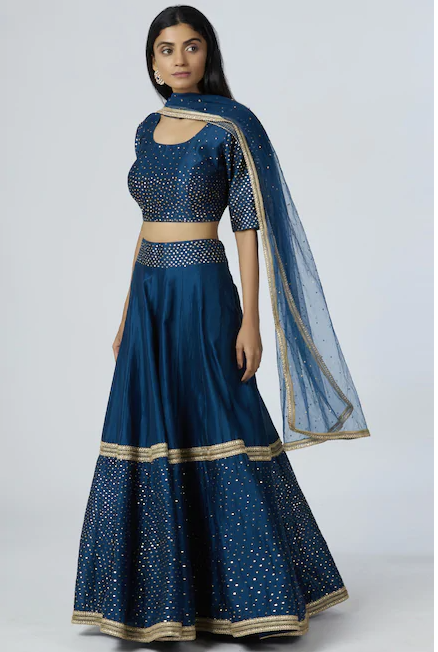 Chanderi Silk - Turquoise Blue Sequin Embroidered Lehenga Set-0