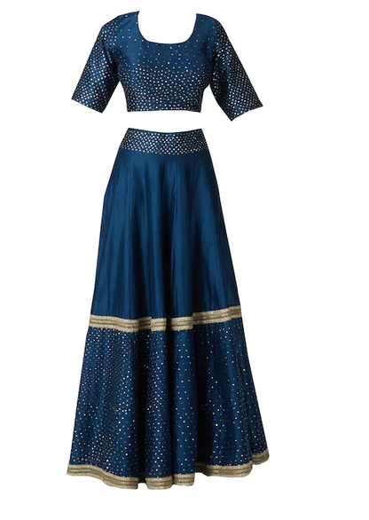 Chanderi Silk - Turquoise Blue Sequin Embroidered Lehenga Set-3