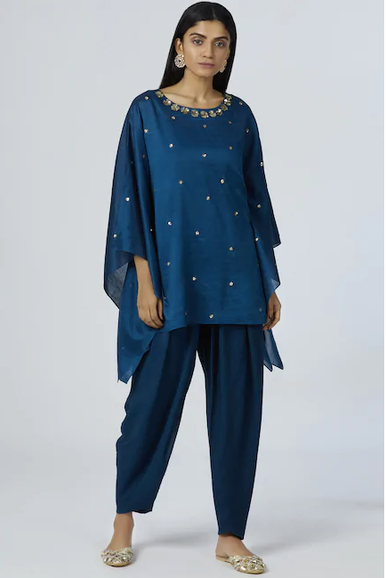 Embellished Kaftan Dhoti Pant Set in Turquoise Blue-0