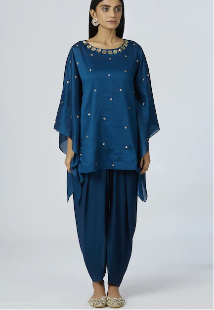 Embellished Kaftan Dhoti Pant Set in Turquoise Blue-4