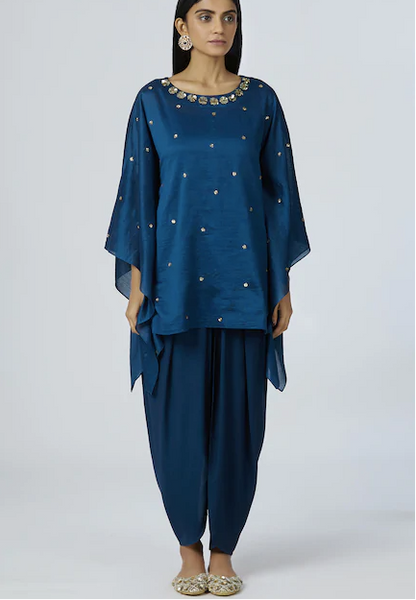 Embellished Kaftan Dhoti Pant Set in Turquoise Blue-4