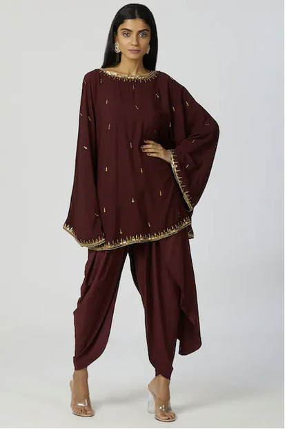 Embellished Kaftan & Dhoti Pant Set in Brown-0