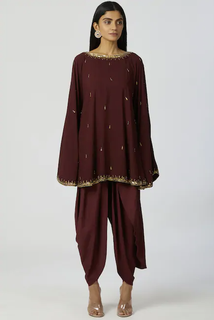 Embellished Kaftan & Dhoti Pant Set in Brown-3