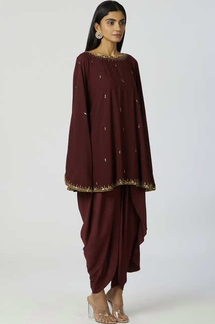 Embellished Kaftan & Dhoti Pant Set in Brown-2