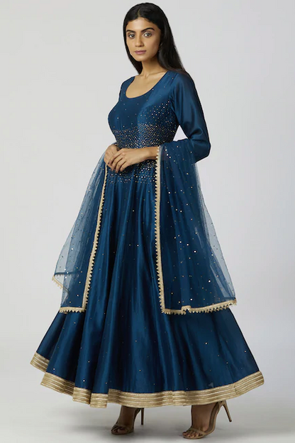 Chanderi Silk Anarkali Set in Turquoise Blue-0