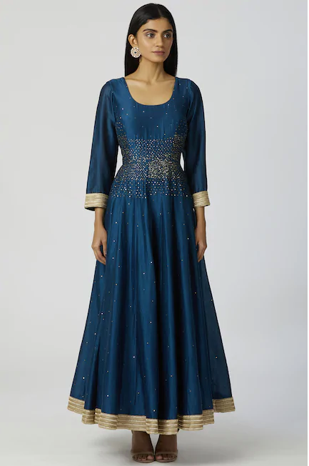 Chanderi Silk Anarkali Set in Turquoise Blue-4