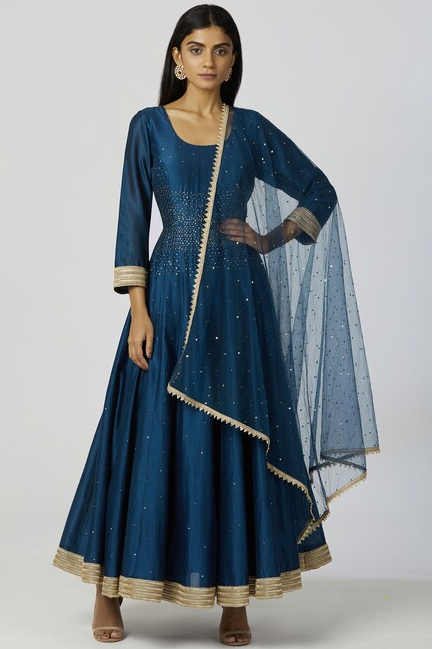 Chanderi Silk Anarkali Set in Turquoise Blue-1