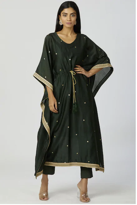 Chanderi Silk Embellished Kaftan & Pant Set in Bottle-Green-0