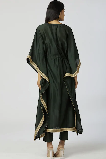 Chanderi Silk Embellished Kaftan & Pant Set in Bottle-Green-1