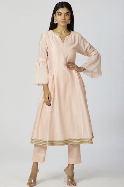 Chanderi Silk - Sequin Embroidered Anarkali Set in Peach-0