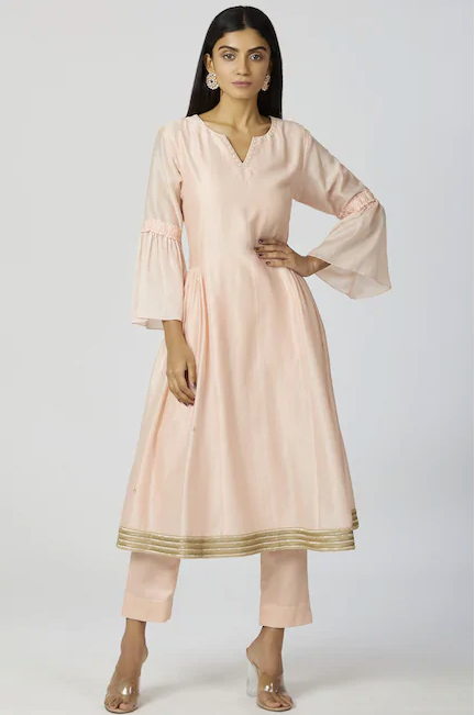 Chanderi Silk - Sequin Embroidered Anarkali Set in Peach-0